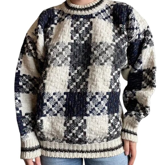 Vintage 90's Wool Chunky Pullover Plaid Sweater, Hand Knit, Cream Gray, XL - Picture 9 of 9